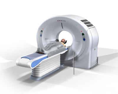 The patient is located on the back, the x-ray tube with sensors moves along the body and rotates around it, performing a scan.