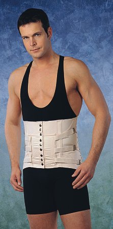 A variant of a semi-rigid lumbosacral brace that helps in the treatment of back and lower back pain against the background of spinal osteochondrosis with a herniated disc or a protrusion of the intervertebral disc.